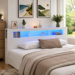 White LED Headboard with RGB Lighting and Storage