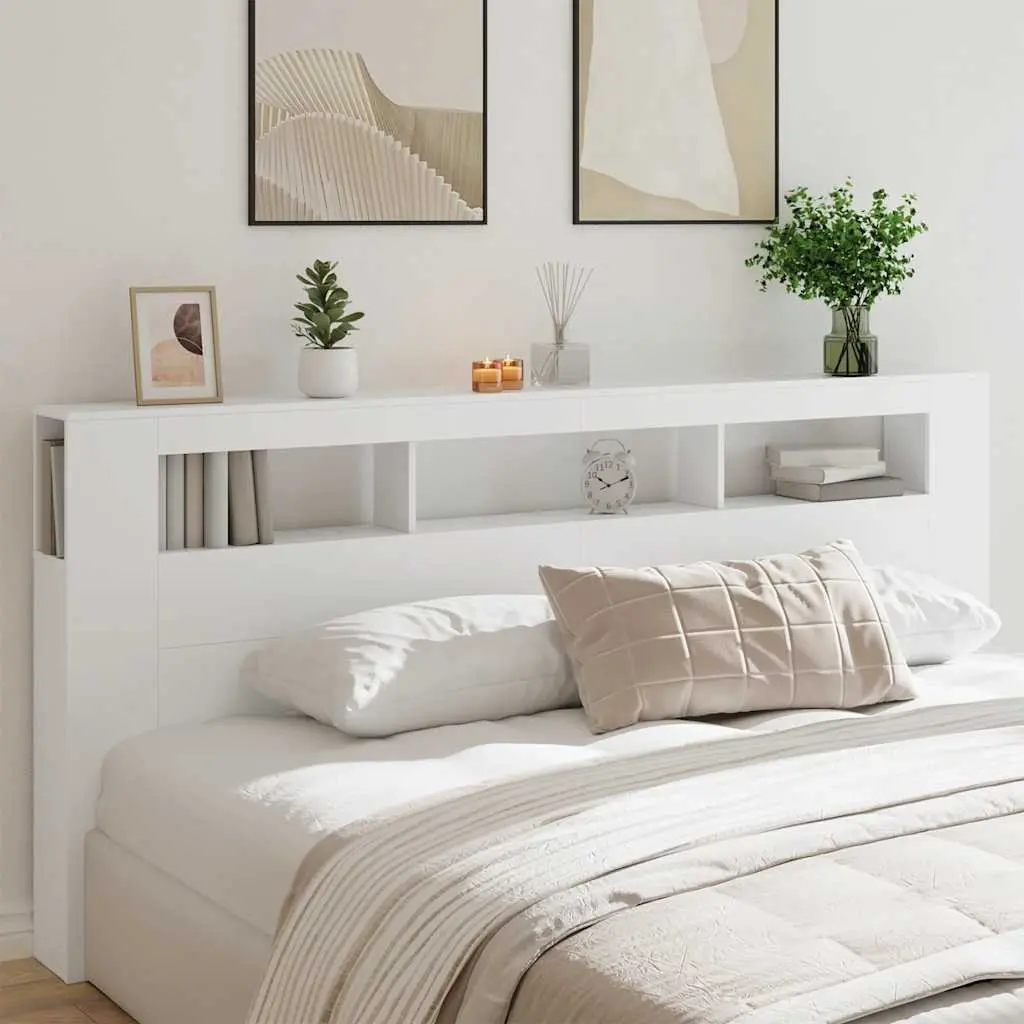 White LED Headboard with RGB Lighting and Storage