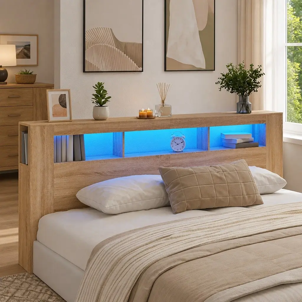 LED Headboard 220cm with RGB Lights and Storage