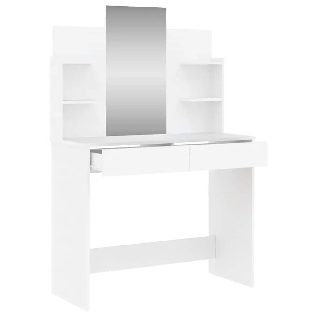 White Dressing Table Vanity Unit with Mirror Engineered Wood 96W x 39D x 142H cm with 2 Drawers and 4 Shelves for Bedroom Storage