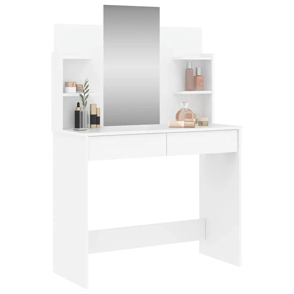 White Dressing Table Vanity Unit with Mirror Engineered Wood 96W x 39D x 142H cm with 2 Drawers and 4 Shelves for Bedroom Storage