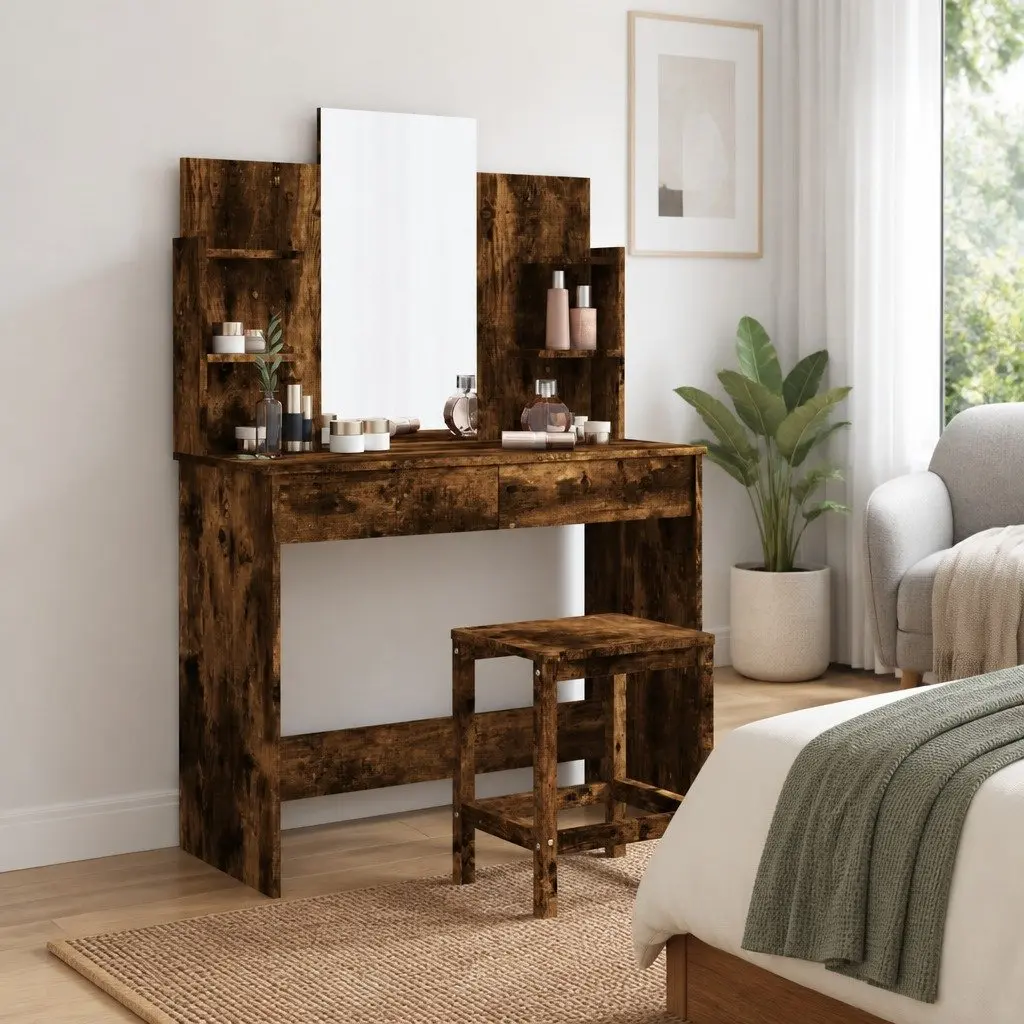 Dressing Table with Mirror Brown Engineered Wood Makeup Desk Storage Drawers