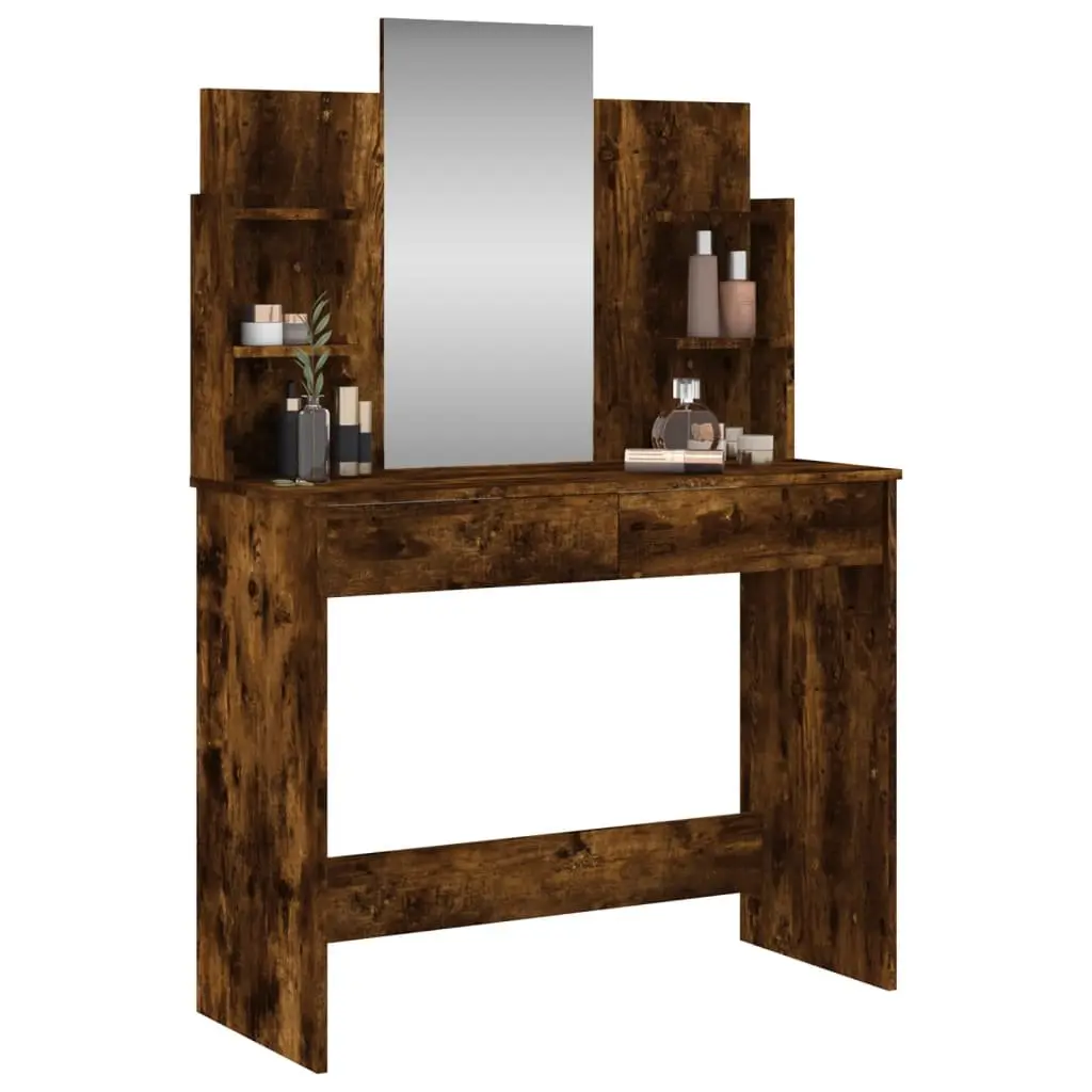Dressing Table with Mirror Brown Engineered Wood Makeup Desk Storage Drawers