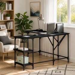 L-Shaped Corner Desk with Integrated Shelving in Black
