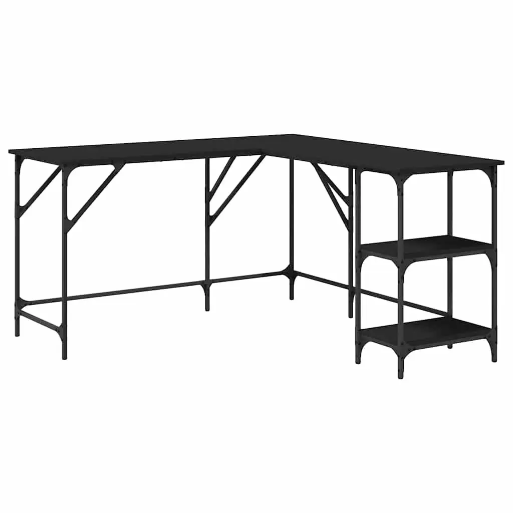 L-Shaped Corner Desk with Integrated Shelving in Black