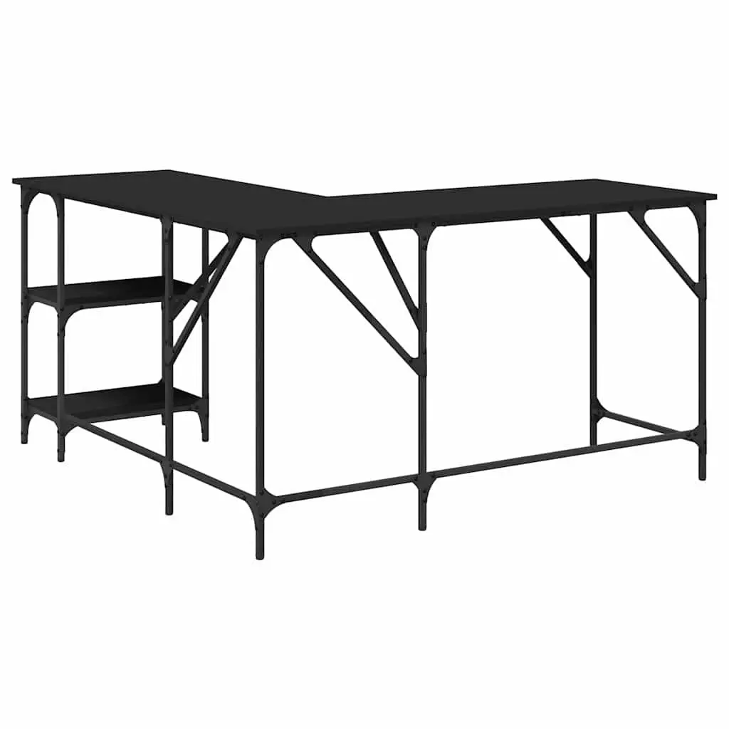 L-Shaped Corner Desk with Integrated Shelving in Black