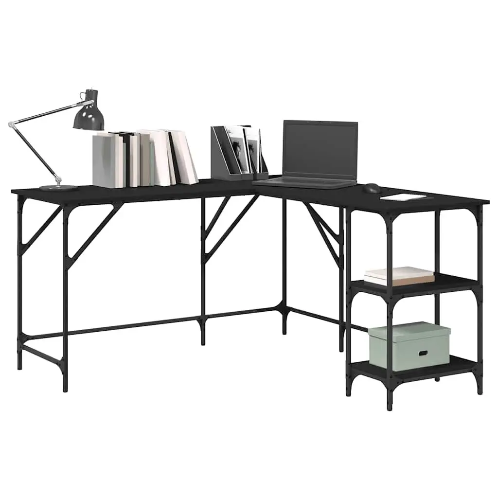 L-Shaped Corner Desk with Integrated Shelving in Black