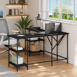 Cozy L-Shaped Computer Desk with Shelves in Black