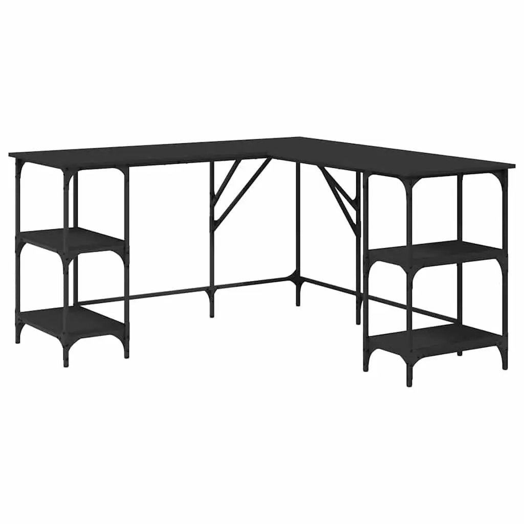 L-Shaped Computer Desk with Shelves in Black