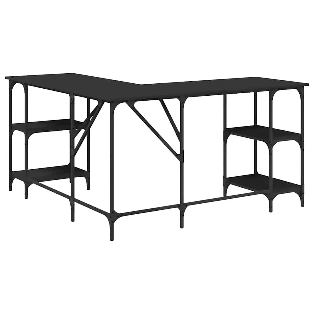 L-Shaped Computer Desk with Shelves in Black