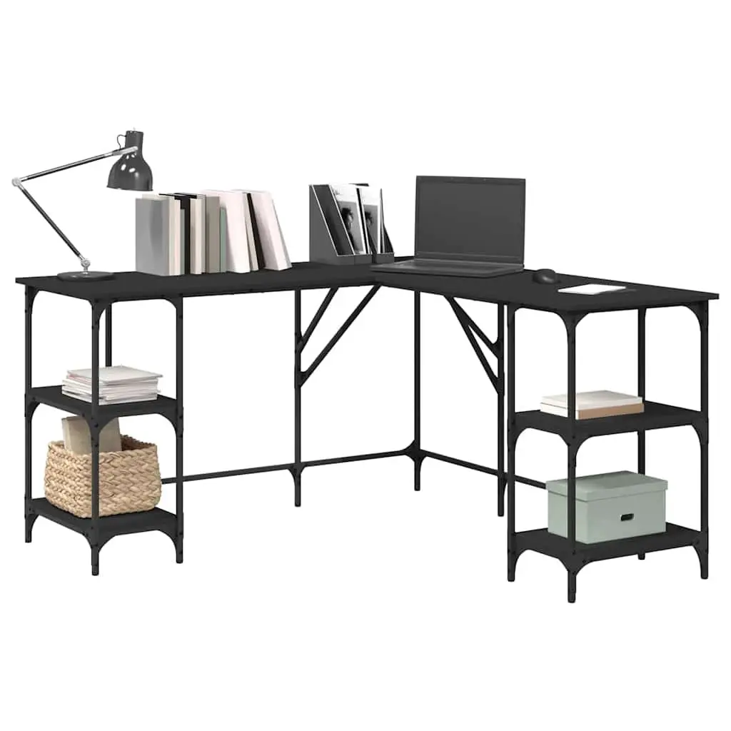 L-Shaped Computer Desk with Shelves in Black