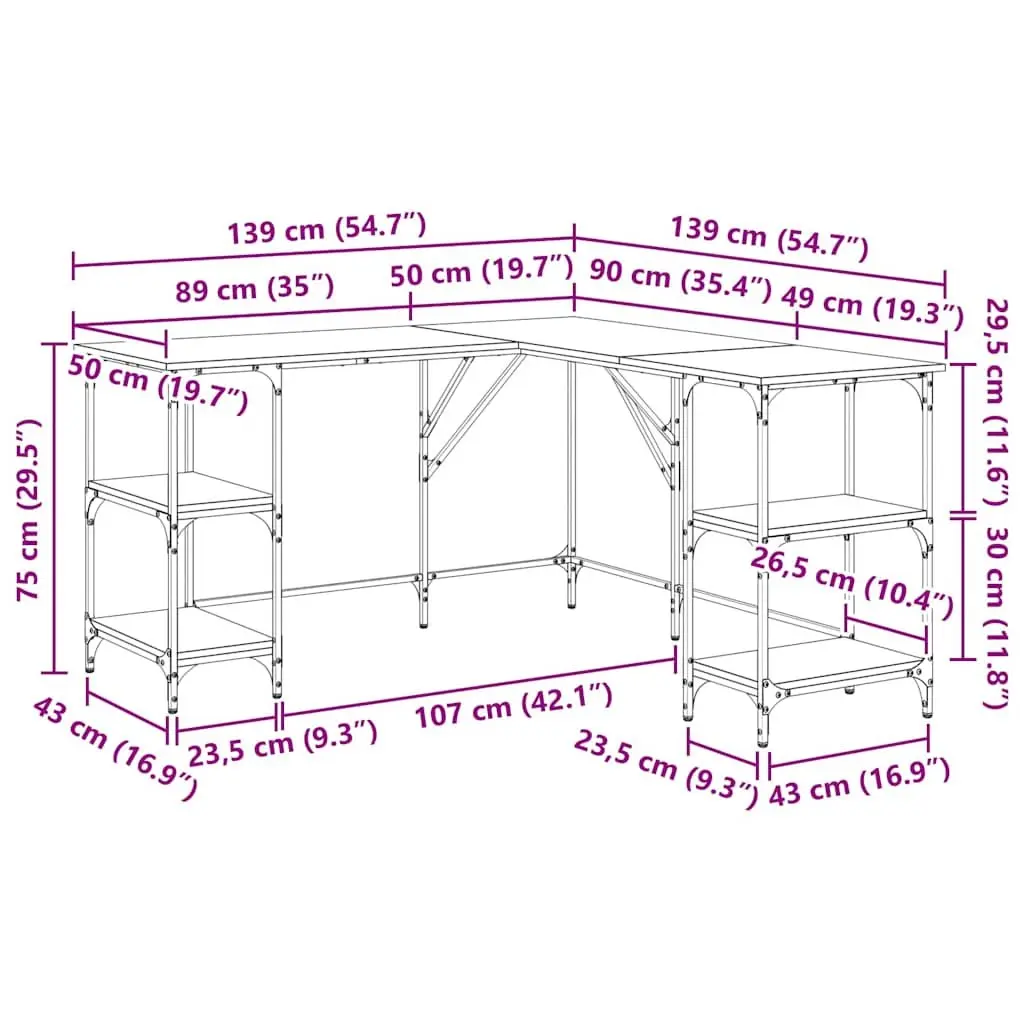 L-Shaped Computer Desk with Shelves in Black