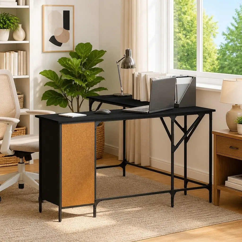 L-Shaped Office Desk Black Engineered Wood Metal Frame 141 x 141 x 75 cm
