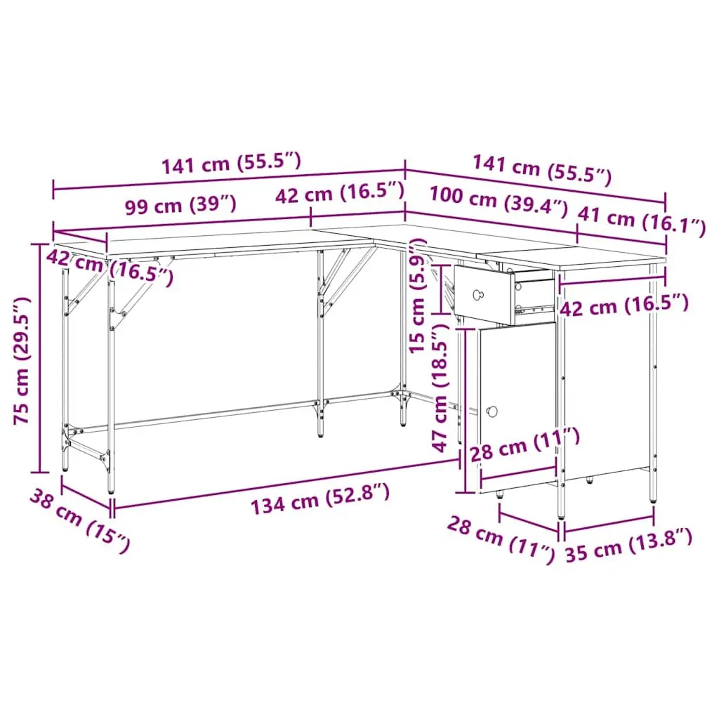 L-Shaped Office Desk Black Engineered Wood Metal Frame 141 x 141 x 75 cm