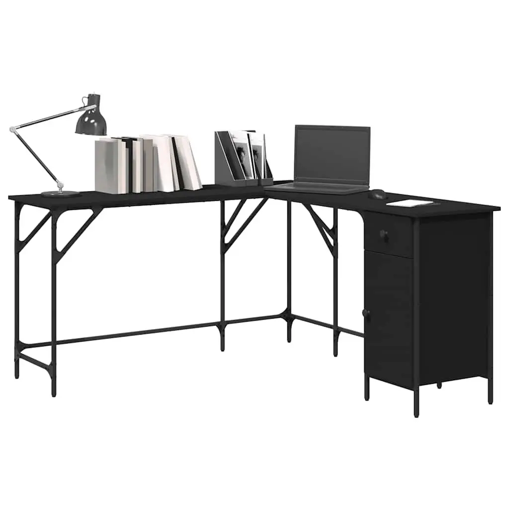 L-Shaped Office Desk Black Engineered Wood Metal Frame 141 x 141 x 75 cm