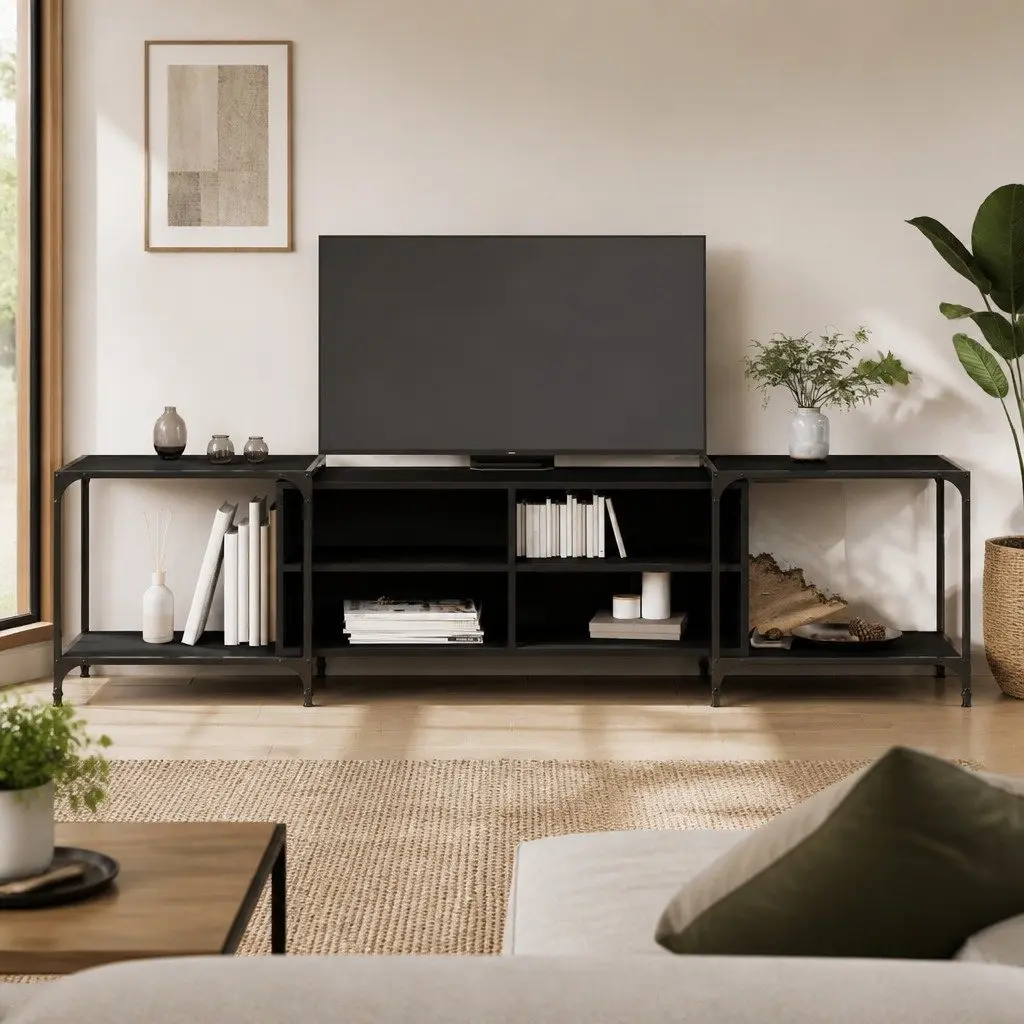 Engineered Wood Black TV Stand Media Console Storage Unit 203x37x50cm