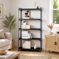 5-Tier Black Bookcase with Engineered Wood and Metal Frame