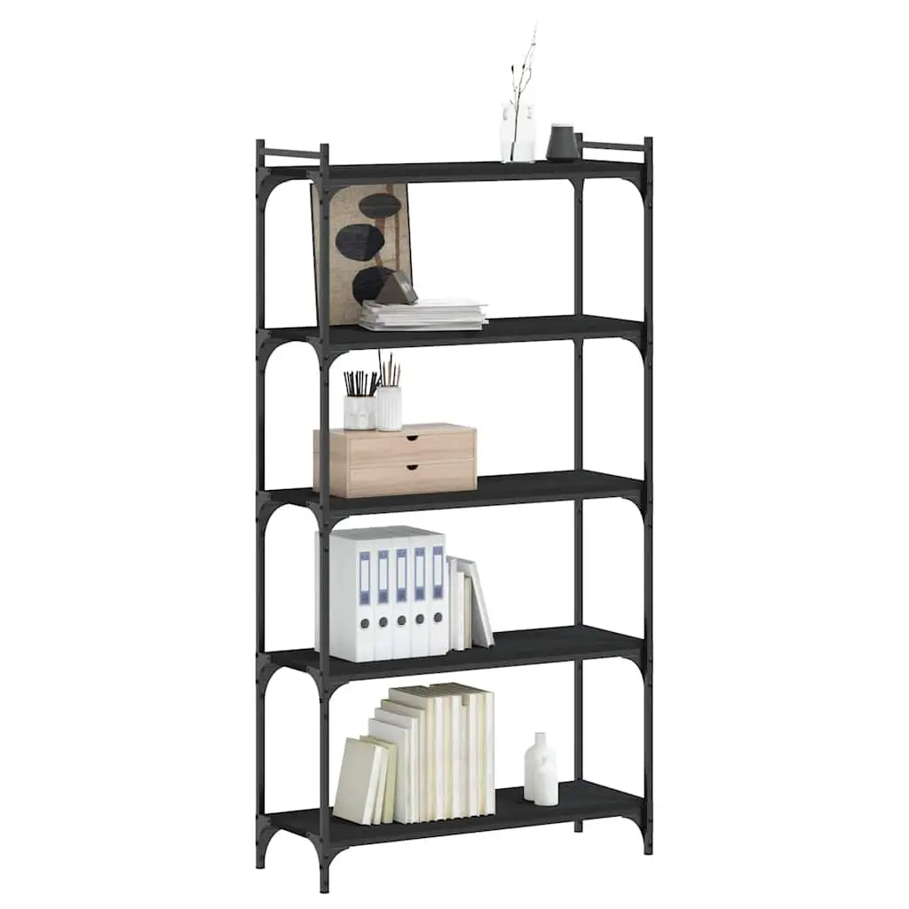 5-Tier Black Bookcase Engineered Wood Metal Frame Storage Organiser