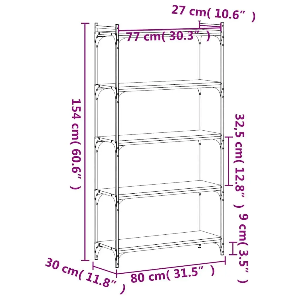 5-Tier Black Bookcase Engineered Wood Metal Frame Storage Organiser