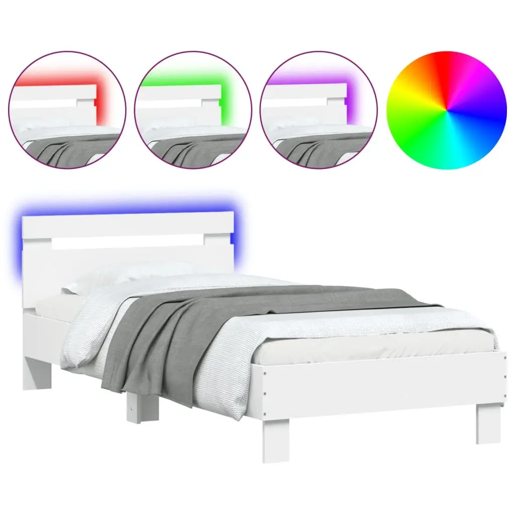 White Bed Frame with Headboard RGB LED Lights Slatted Base 90x190 cm