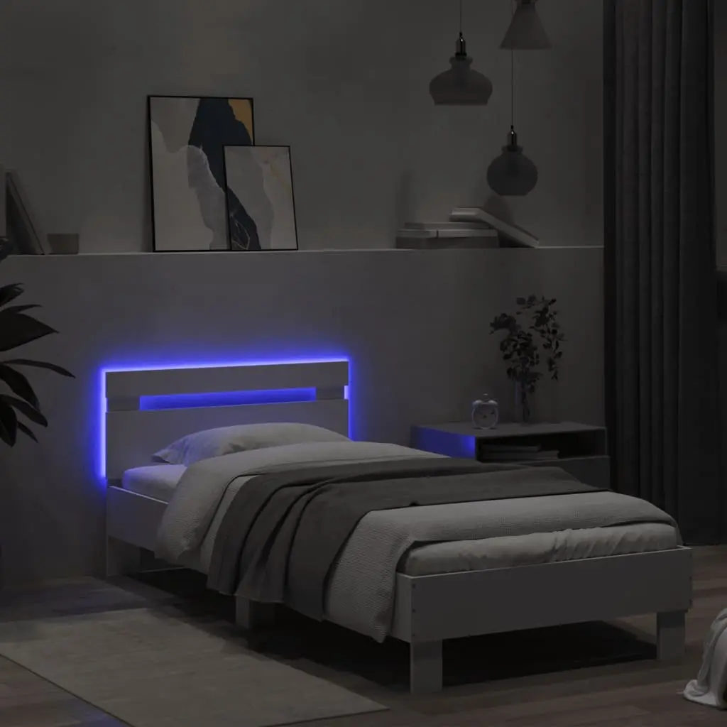 White Bed Frame with Headboard RGB LED Lights Slatted Base 90x190 cm