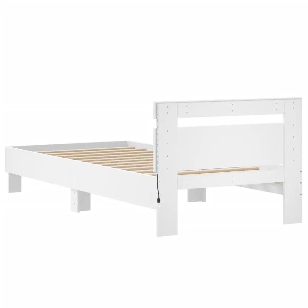 White Bed Frame with Headboard RGB LED Lights Slatted Base 90x190 cm