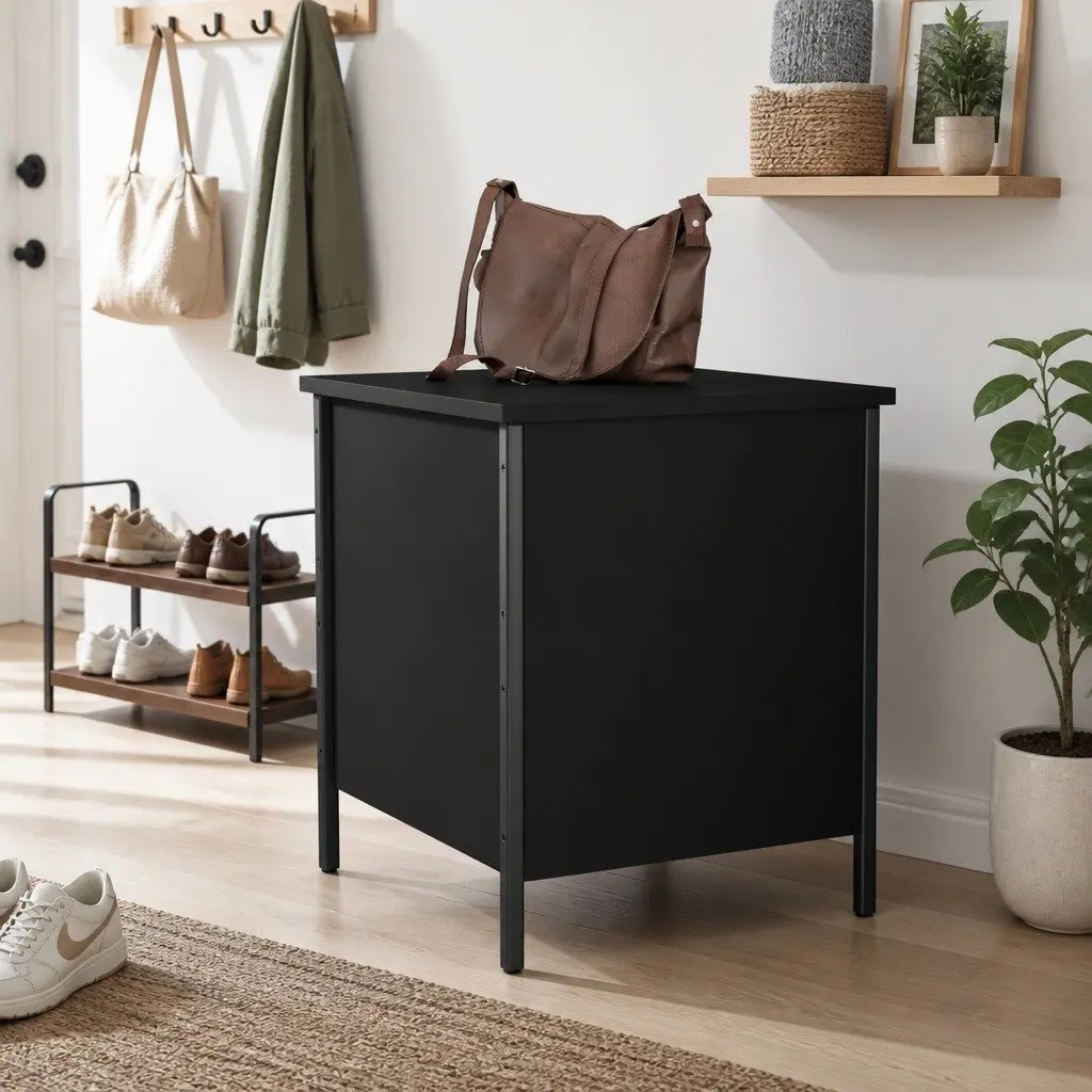 Black Storage Bench Engineered Wood Metal Frame 40x42.5x50cm