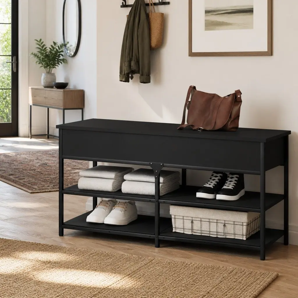 Black Storage Bench for Hallway Shoe Organisation