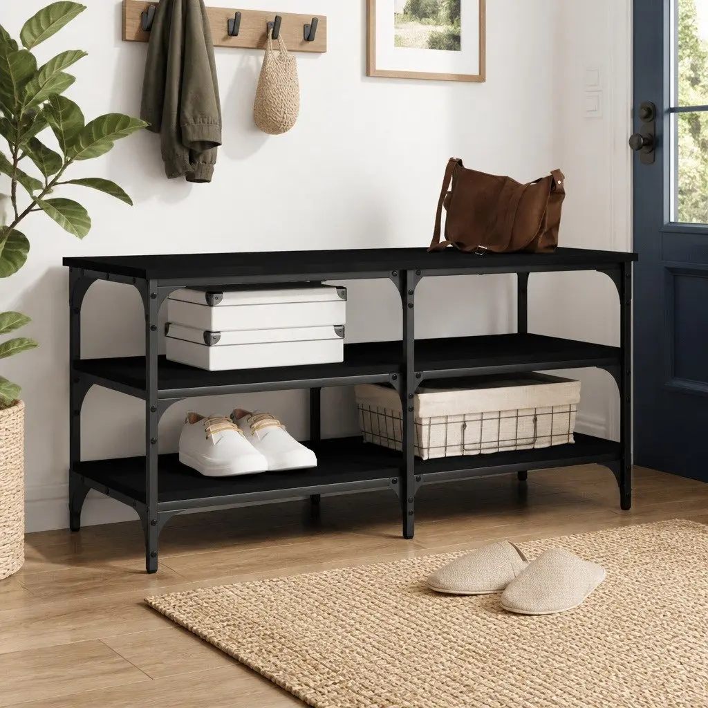 Shoe Bench Storage Black 100x38.5x49cm Engineered Wood Metal Frame 3-Tier Shelves
