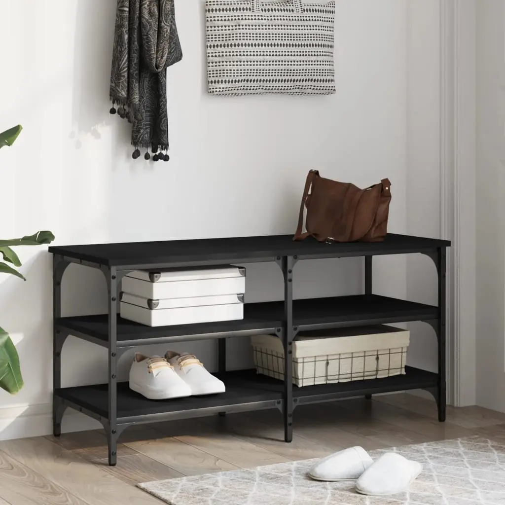 Shoe Bench Storage Black 100x38.5x49cm Engineered Wood Metal Frame 3-Tier Shelves