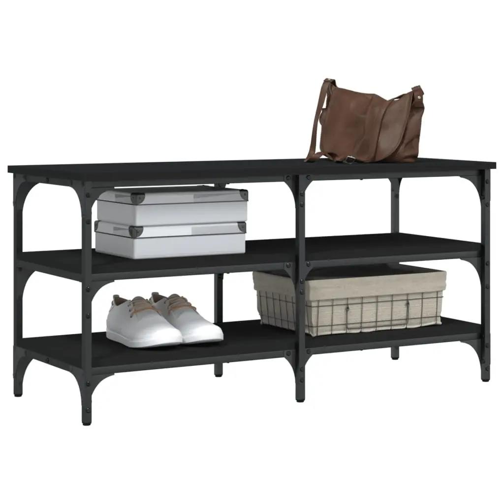 Shoe Bench Storage Black 100x38.5x49cm Engineered Wood Metal Frame 3-Tier Shelves