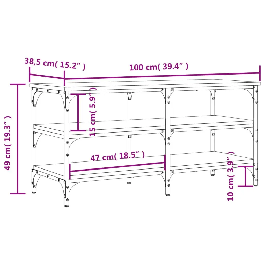 Shoe Bench Storage Black 100x38.5x49cm Engineered Wood Metal Frame 3-Tier Shelves