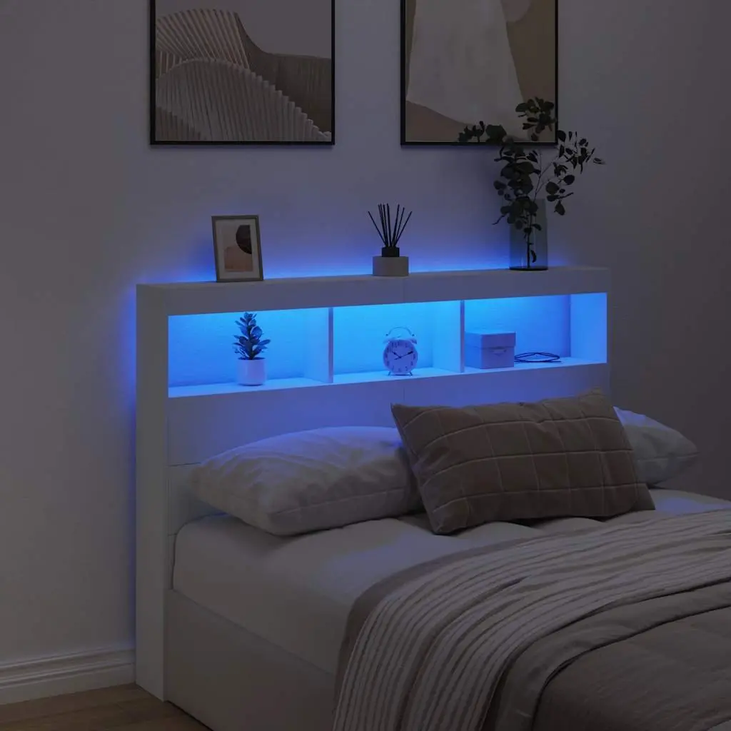 White Headboard Cabinet with RGB LED Lights 140 cm