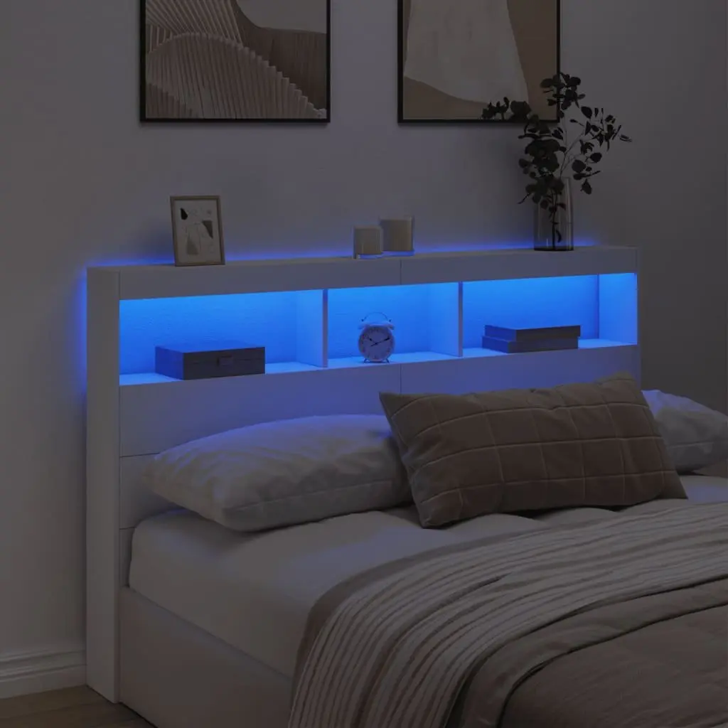 Headboard Cabinet with LED Lights White 160x17x102 cm Engineered Wood Bedroom Storage