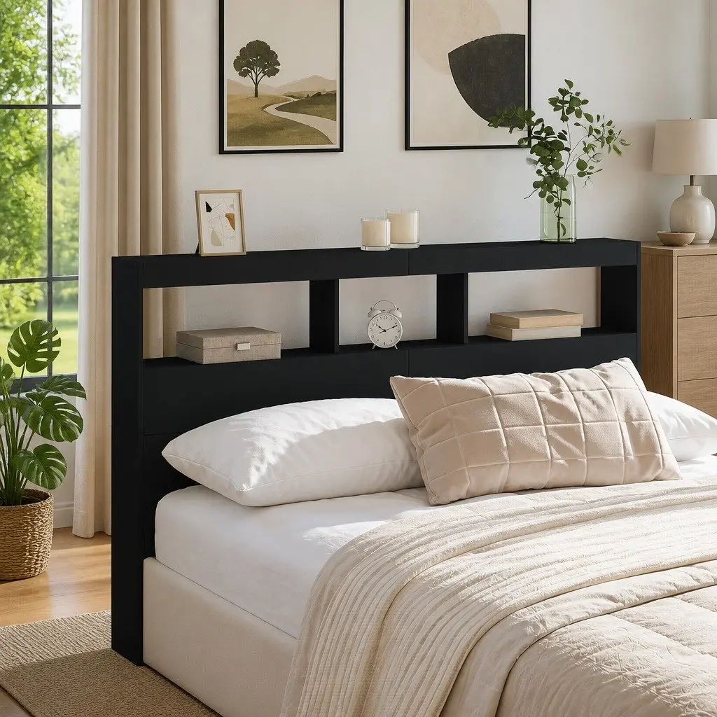 LED Headboard Cabinet with Storage in Black
