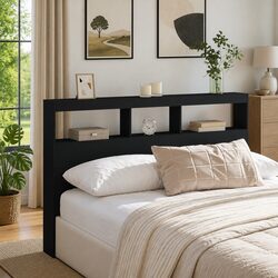 Modern LED Headboard Cabinet with Storage in Black
