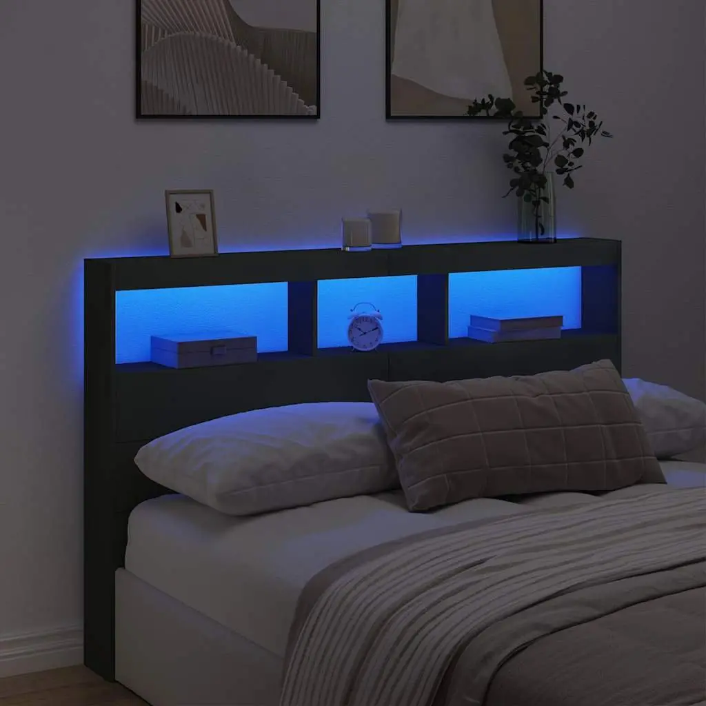 LED Headboard Cabinet with Storage in Black