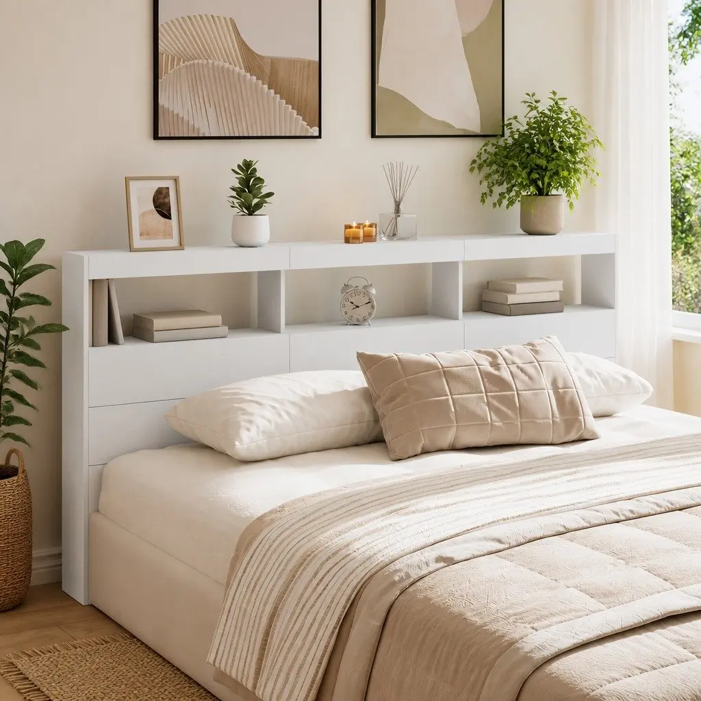 White Headboard Cabinet with RGB LED Lights 200cm