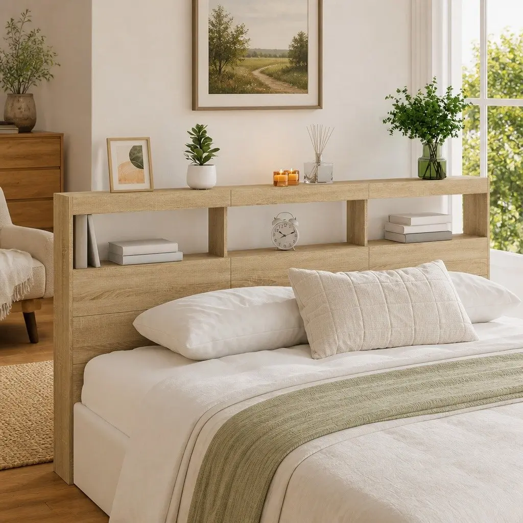 Brown Engineered Wood Headboard Cabinet with RGB LED Lights