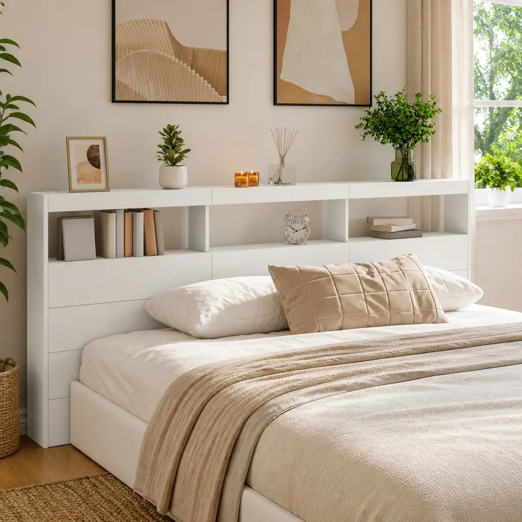 White LED Headboard Cabinet Bedroom Storage 220x17x102cm Modern Design Backrest