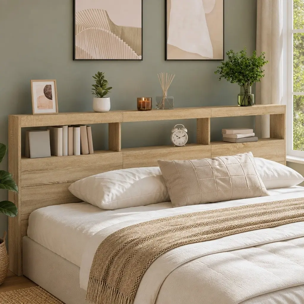 Brown Headboard Cabinet with LED Lights for Bedroom