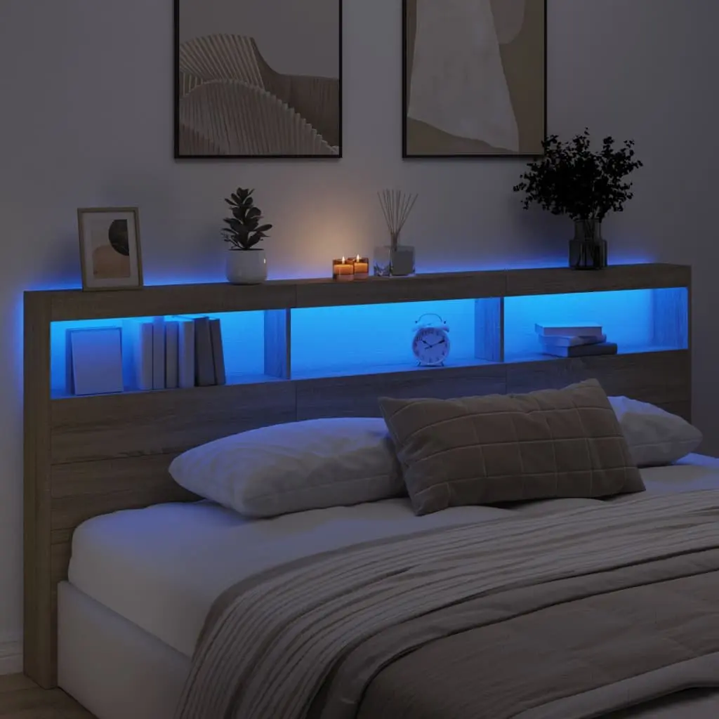 Brown Headboard Cabinet with LED Lights for Bedroom