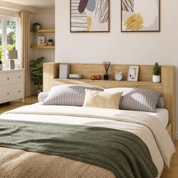 Stylish Brown Headboard Cabinet with RGB LED Lights