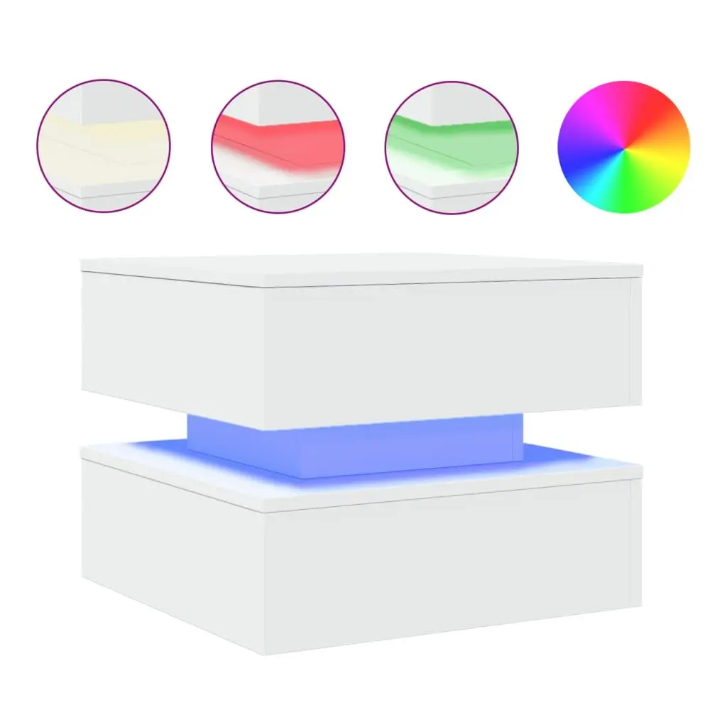 Coffee Table Modern White Accent 50L x 50W x 40H cm Engineered Wood with RGB LED Lights