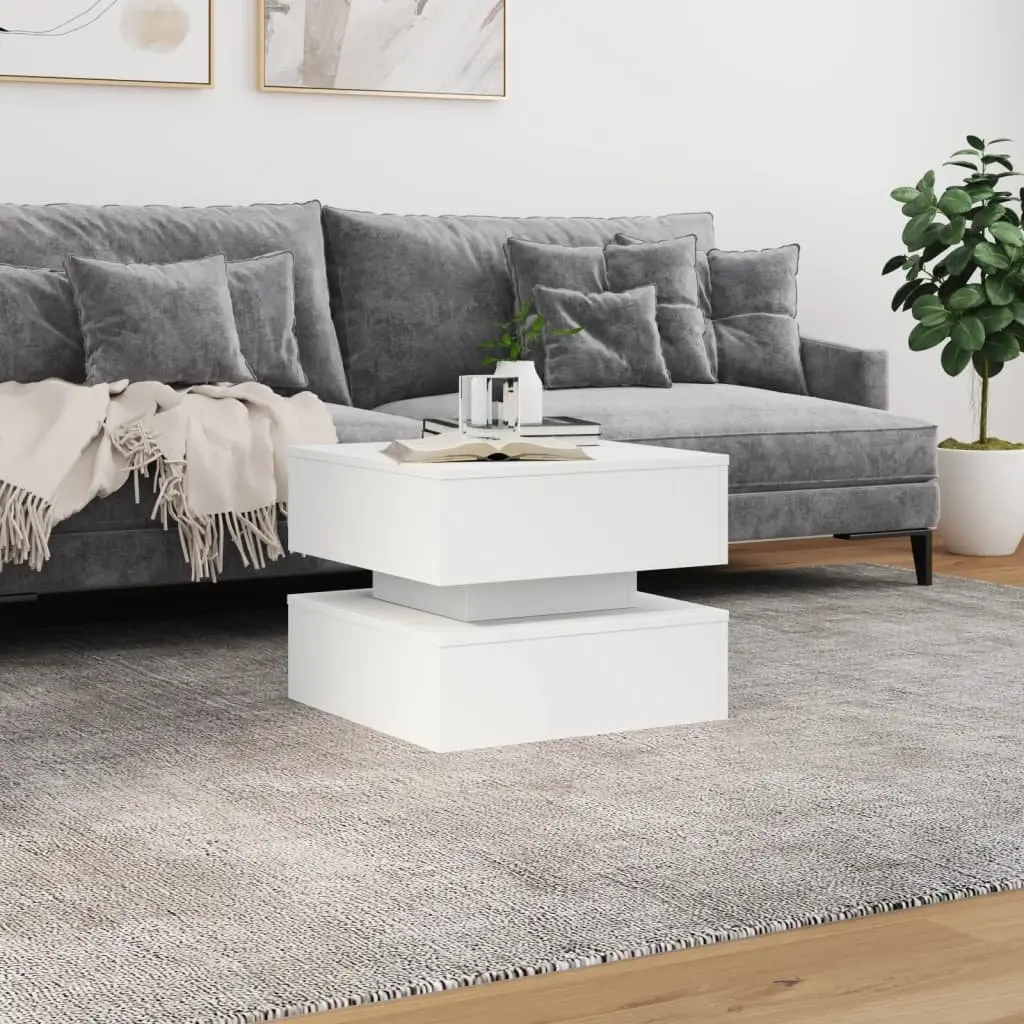 Coffee Table Modern White Accent 50L x 50W x 40H cm Engineered Wood with RGB LED Lights