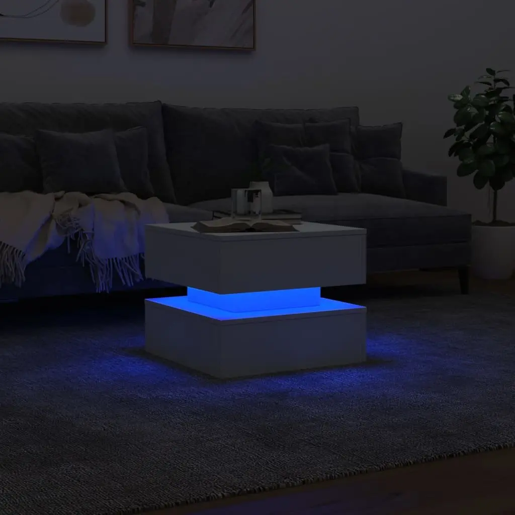 Coffee Table Modern White Accent 50L x 50W x 40H cm Engineered Wood with RGB LED Lights