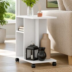 Charming White Accent Side Table with Wheels and Storage