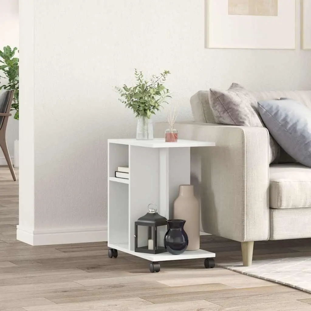 End Table White Engineered Wood Modern Accent Side Table with Storage and Wheels