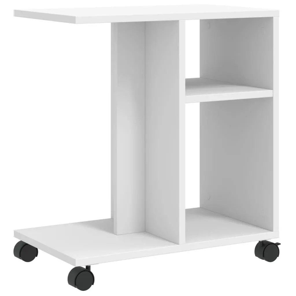 End Table White Engineered Wood Modern Accent Side Table with Storage and Wheels