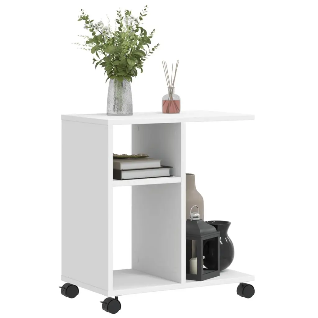 End Table White Engineered Wood Modern Accent Side Table with Storage and Wheels
